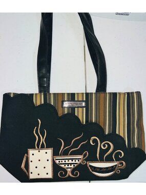 Longaberger Tote Bag Fabric & Faux Leather Striped Multicolor Coffee Cup Design